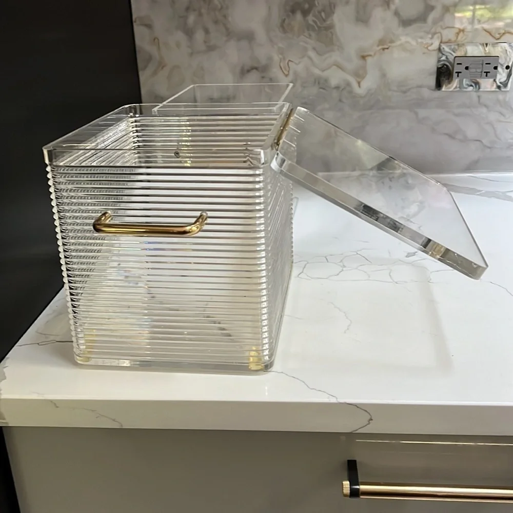 MCM Lucite Ribbed Rectangular 4.5L Ice Bucket Box Liner Goldtone Hardware